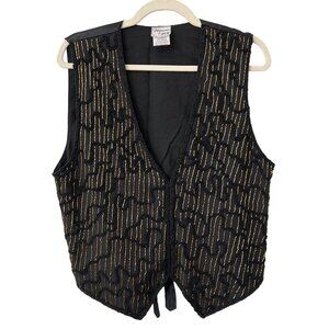 Winnie and Joe Beads Embellished Vest Size L Black Gold Witchy Goth Grunge Retro